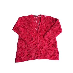 NWT Vintage Crochet Cardigan Coral Red Knit Button Front One Size Grannycore
